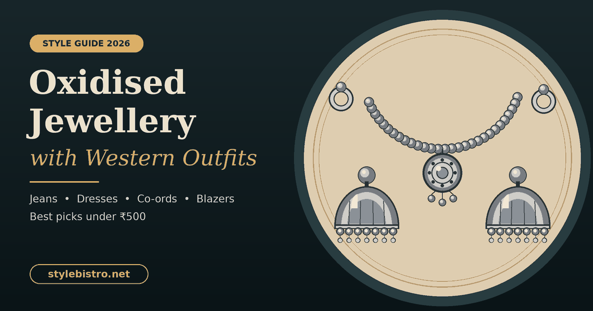 Oxidised jhumkas, beaded necklace and rings styled for western outfits